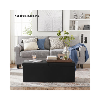 43" L Folding Storage Ottoman Bench with Flipping Lid, Faux Leather Storage Chest with Iron Frame Support, Black