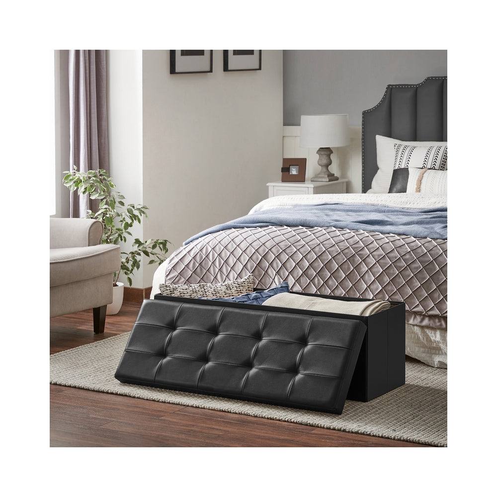 43" L Folding Storage Ottoman Bench with Flipping Lid, Faux Leather Storage Chest with Iron Frame Support, Black
