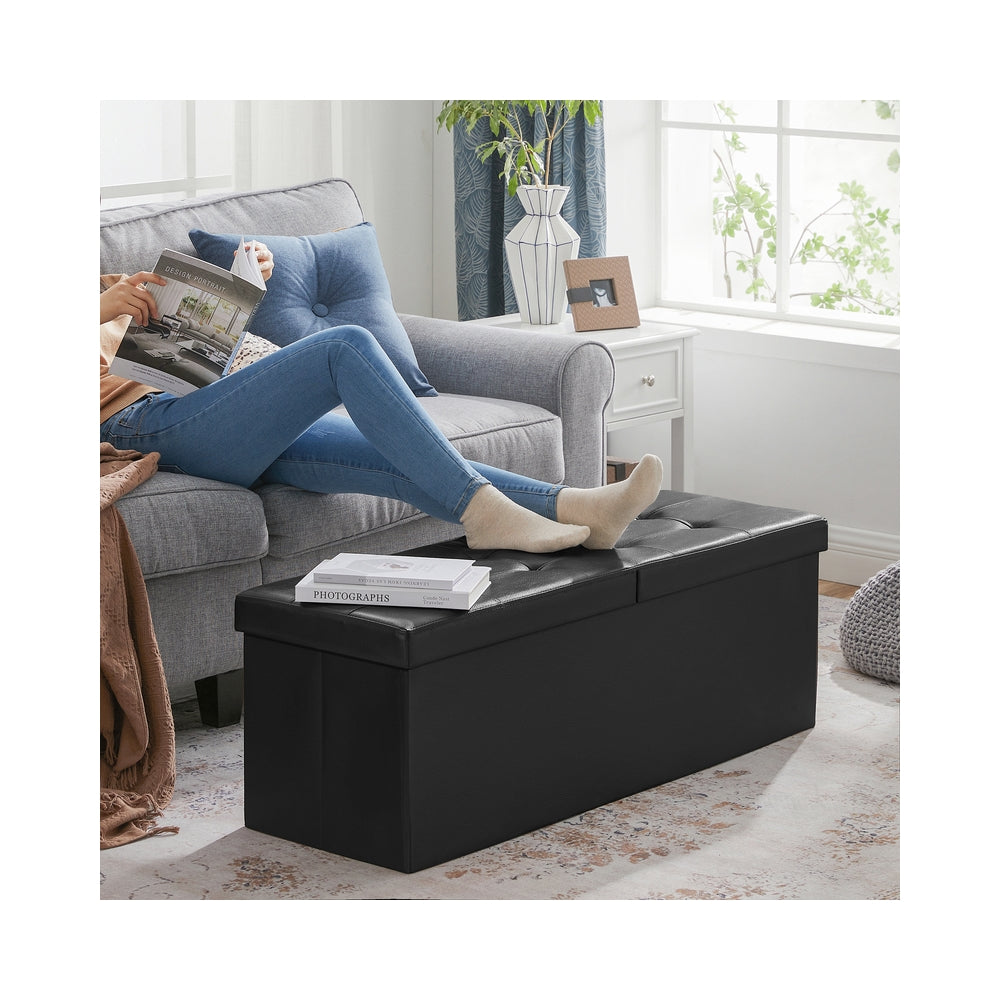 43" L Folding Storage Ottoman Bench with Flipping Lid, Faux Leather Storage Chest with Iron Frame Support, Black