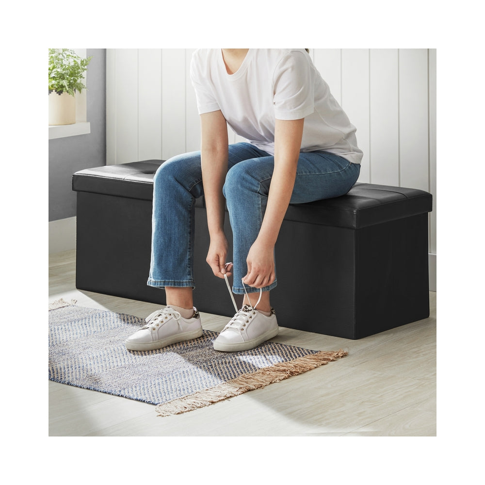 43" L Folding Storage Ottoman Bench with Flipping Lid, Faux Leather Storage Chest with Iron Frame Support, Black