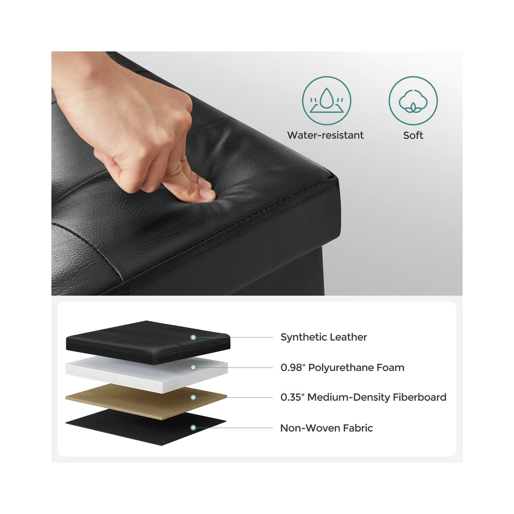 43" L Folding Storage Ottoman Bench with Flipping Lid, Faux Leather Storage Chest with Iron Frame Support, Black