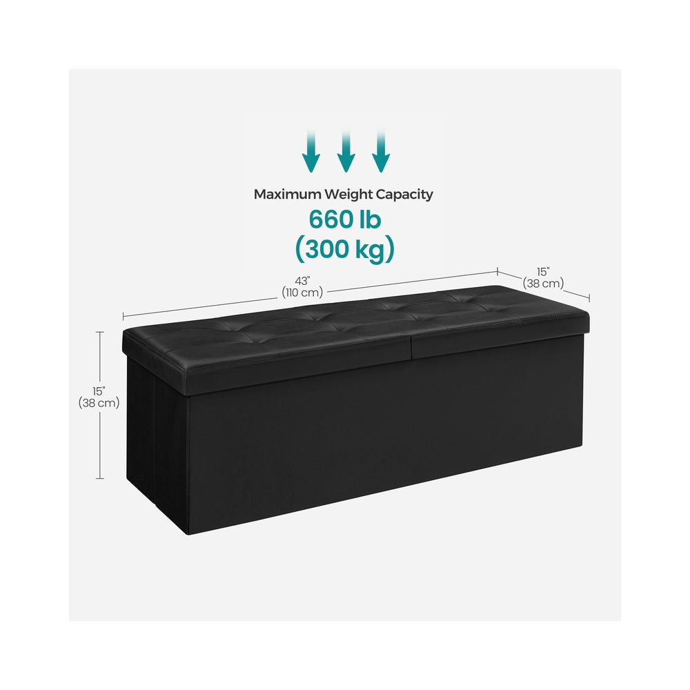 43" L Folding Storage Ottoman Bench with Flipping Lid, Faux Leather Storage Chest with Iron Frame Support, Black