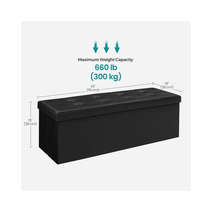 43" L Folding Storage Ottoman Bench with Flipping Lid, Faux Leather Storage Chest with Iron Frame Support, Black