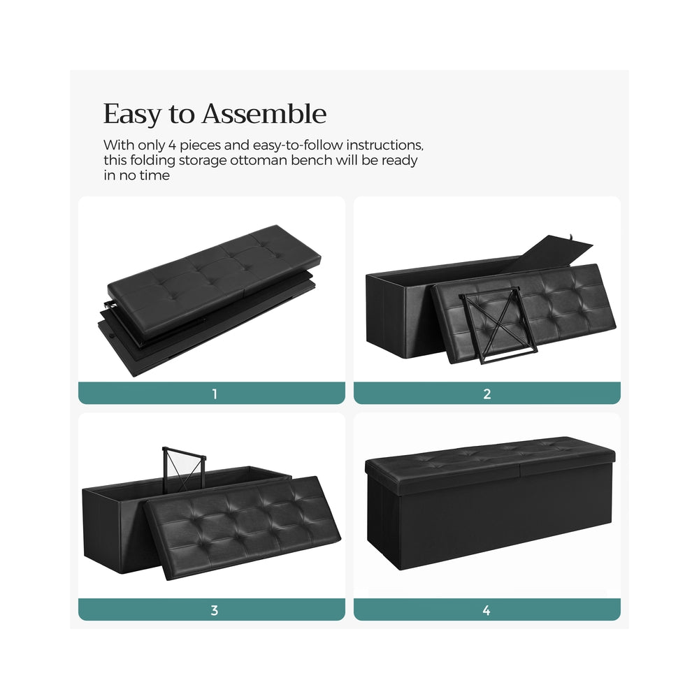43" L Folding Storage Ottoman Bench with Flipping Lid, Faux Leather Storage Chest with Iron Frame Support, Black