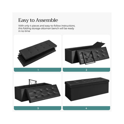 43" L Folding Storage Ottoman Bench with Flipping Lid, Faux Leather Storage Chest with Iron Frame Support, Black