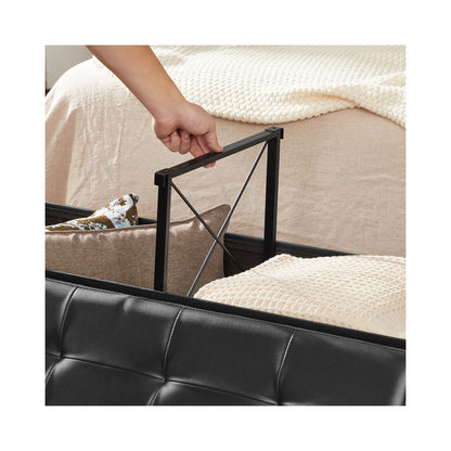 43" L Folding Storage Ottoman Bench with Flipping Lid, Faux Leather Storage Chest with Iron Frame Support, Black