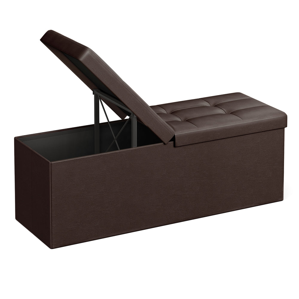 43" L Folding Storage Ottoman Bench with Flipping Lid, Faux Leather Storage Chest with Iron Frame Support, Black