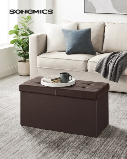 43" L Folding Storage Ottoman Bench with Flipping Lid, Faux Leather Storage Chest with Iron Frame Support, Black