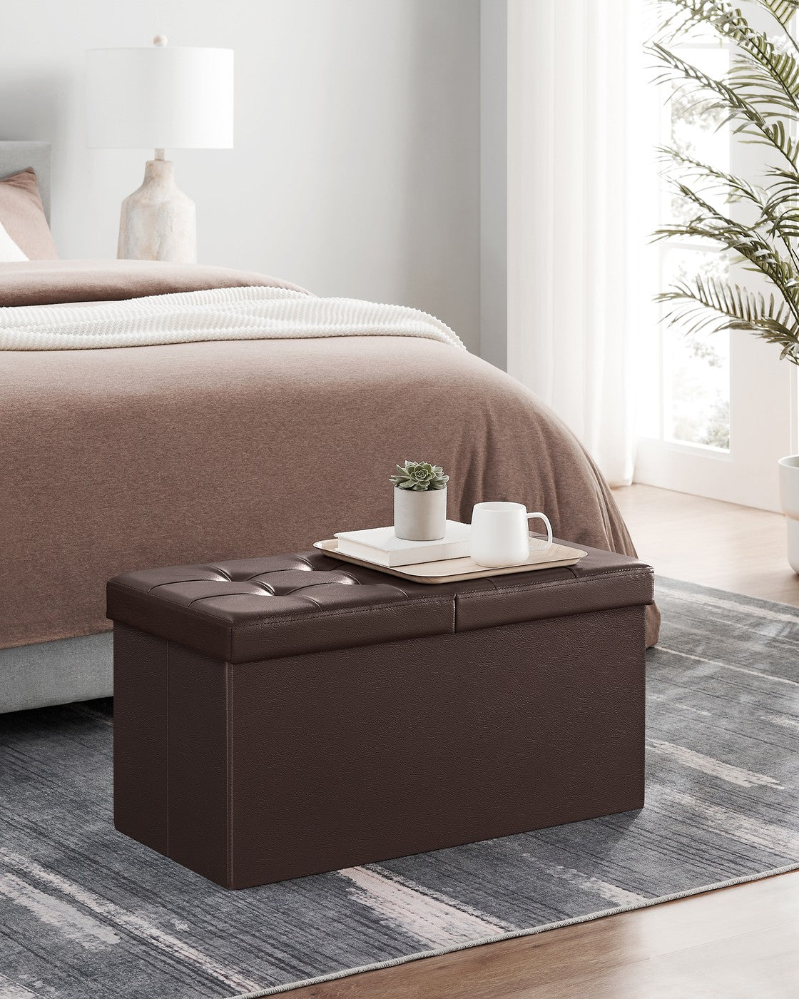 43" L Folding Storage Ottoman Bench with Flipping Lid, Faux Leather Storage Chest with Iron Frame Support, Black