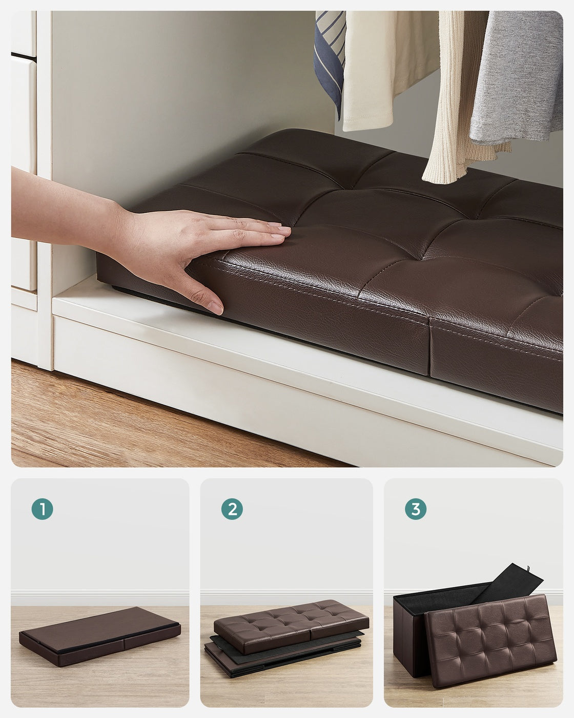 43" L Folding Storage Ottoman Bench with Flipping Lid, Faux Leather Storage Chest with Iron Frame Support, Black