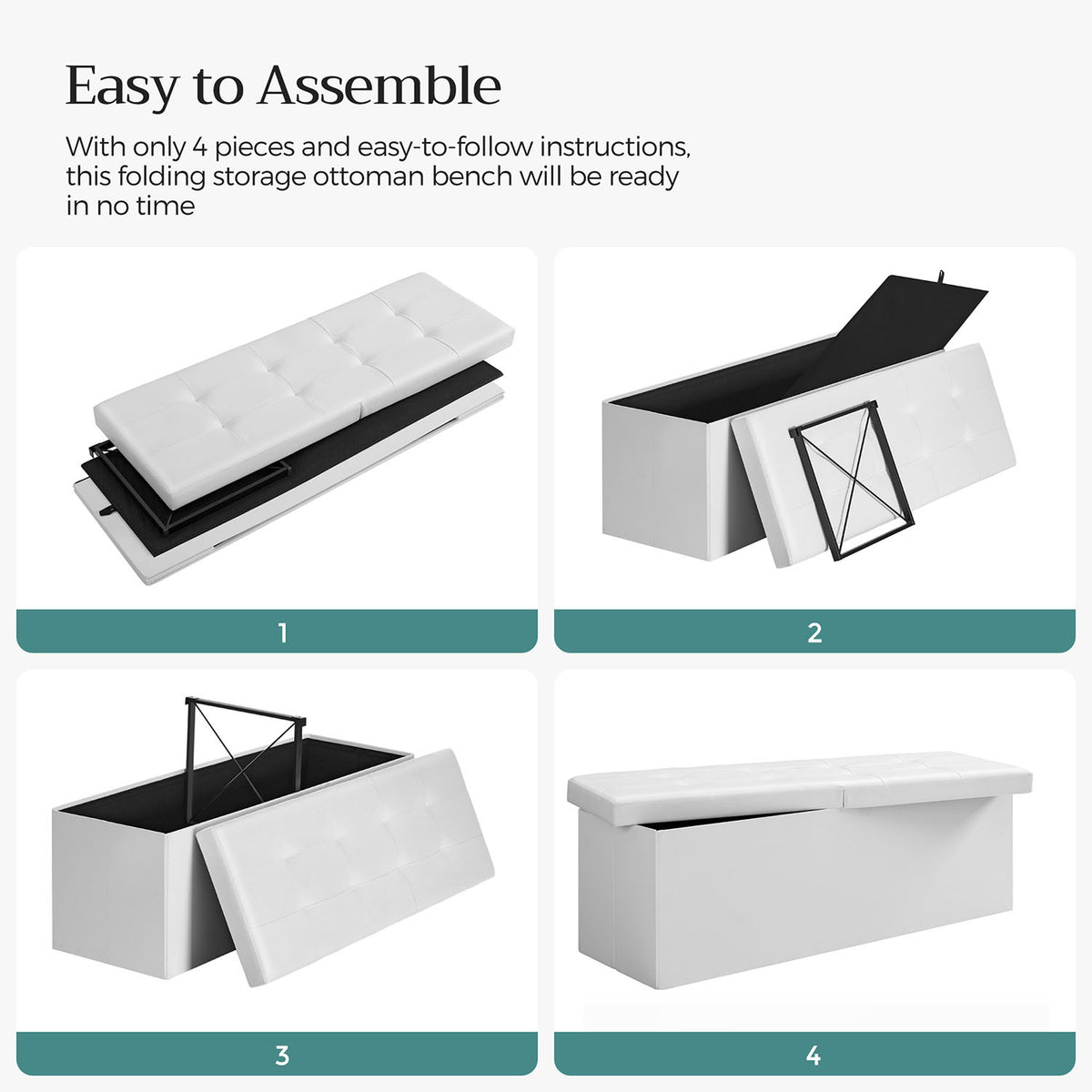 43" L Folding Storage Ottoman Bench with Flipping Lid, Faux Leather Storage Chest with Iron Frame Support, Black