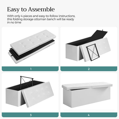 43" L Folding Storage Ottoman Bench with Flipping Lid, Faux Leather Storage Chest with Iron Frame Support, Black