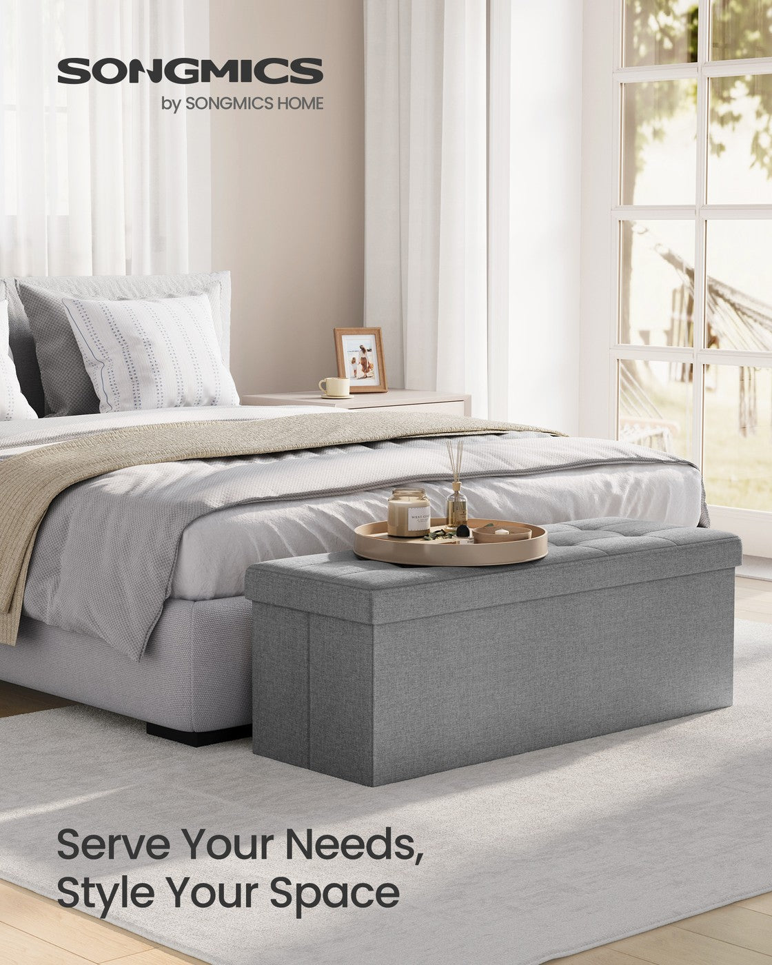 Folding Storage Ottoman Bench Storage Chest Foot Rest Stool with Metal Support, Holds up to 660lb, Dark Grey