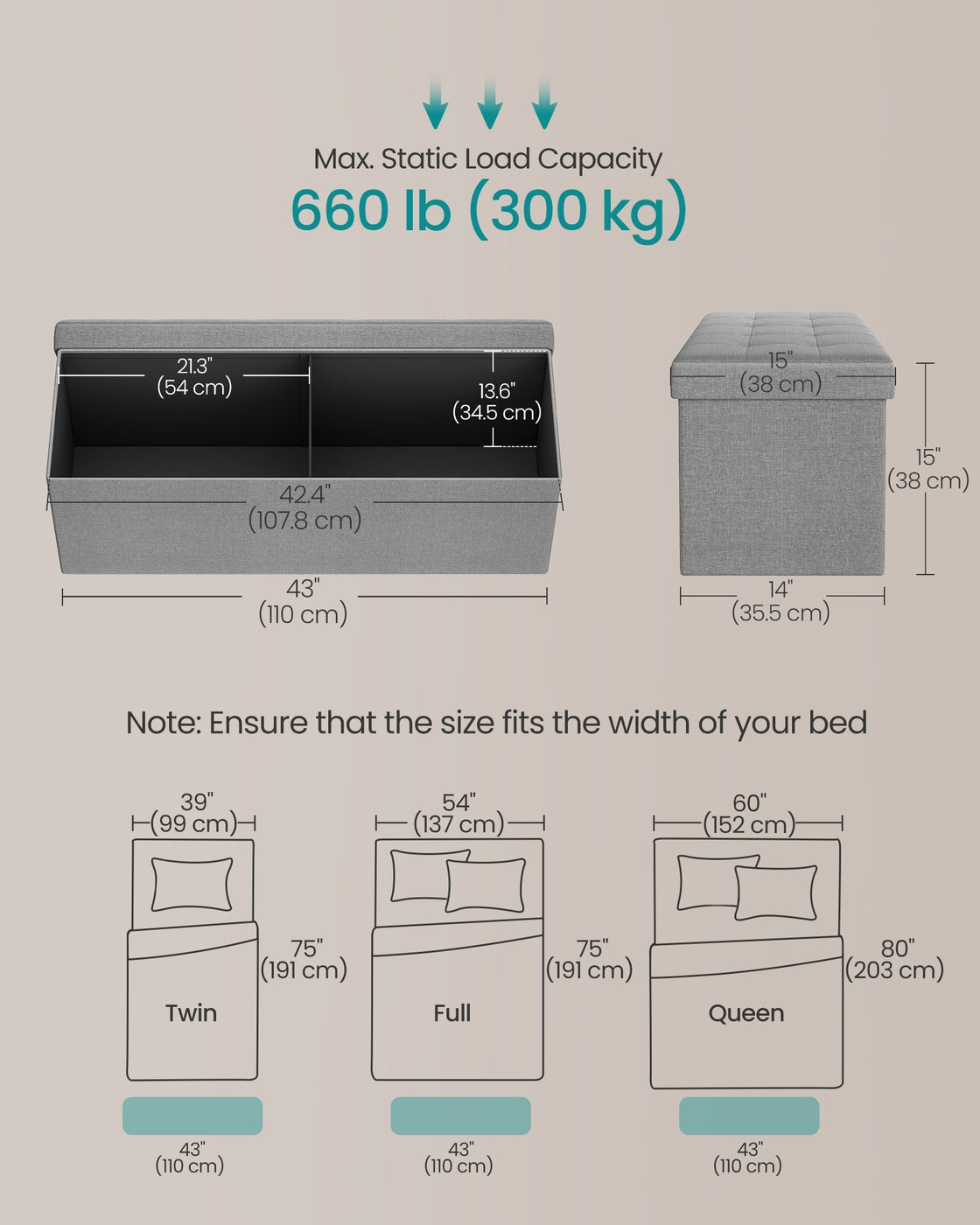 Folding Storage Ottoman Bench Storage Chest Foot Rest Stool with Metal Support, Holds up to 660lb, Dark Grey