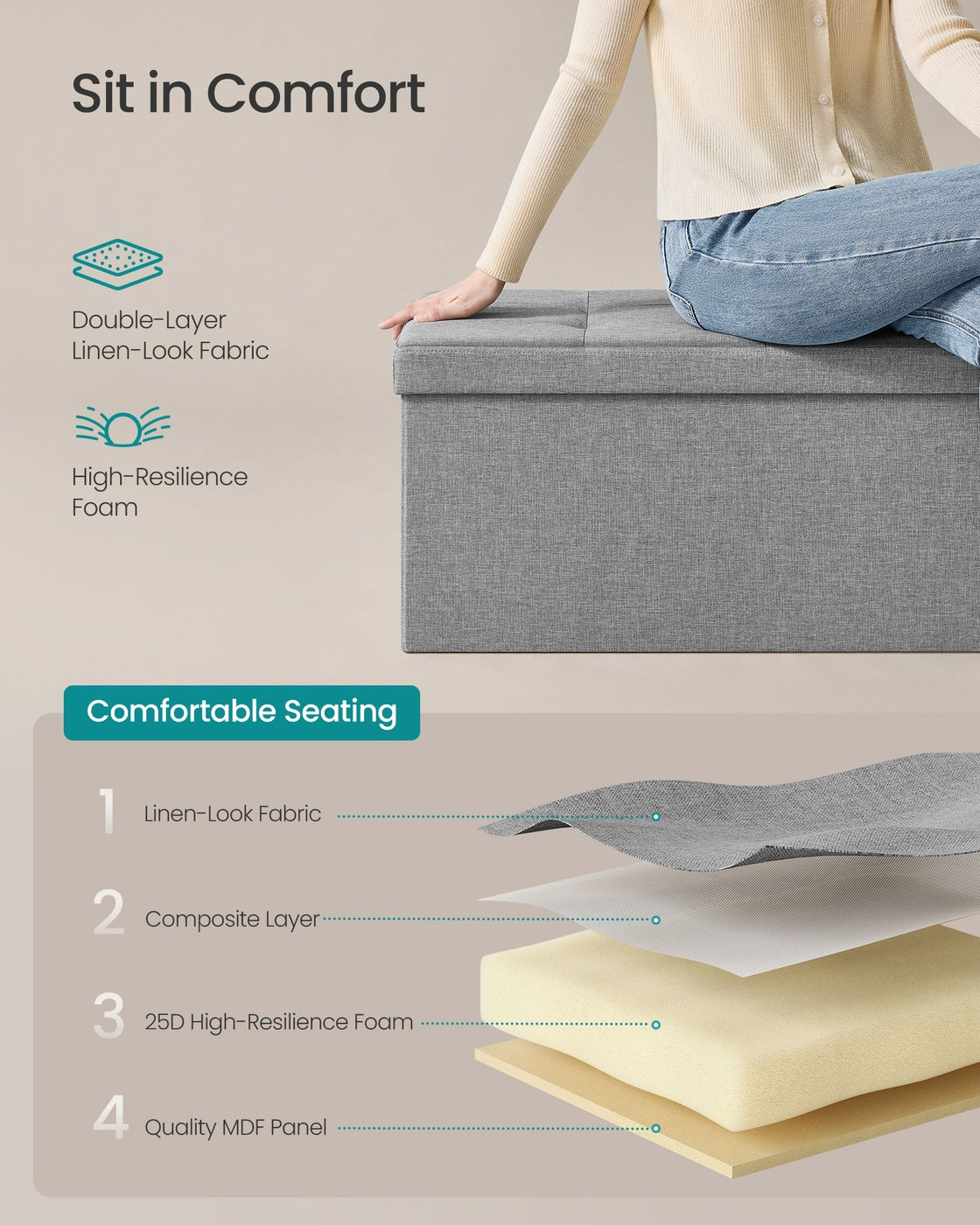 Folding Storage Ottoman Bench Storage Chest Foot Rest Stool with Metal Support, Holds up to 660lb, Dark Grey