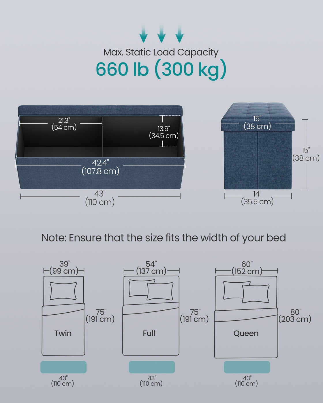 Storage Ottoman Bench, Padded Chest with Lid, Folding Seat, 120L Capacity, Hold up to 660lb, Navy Blue