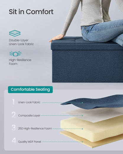 Storage Ottoman Bench, Padded Chest with Lid, Folding Seat, 120L Capacity, Hold up to 660lb, Navy Blue