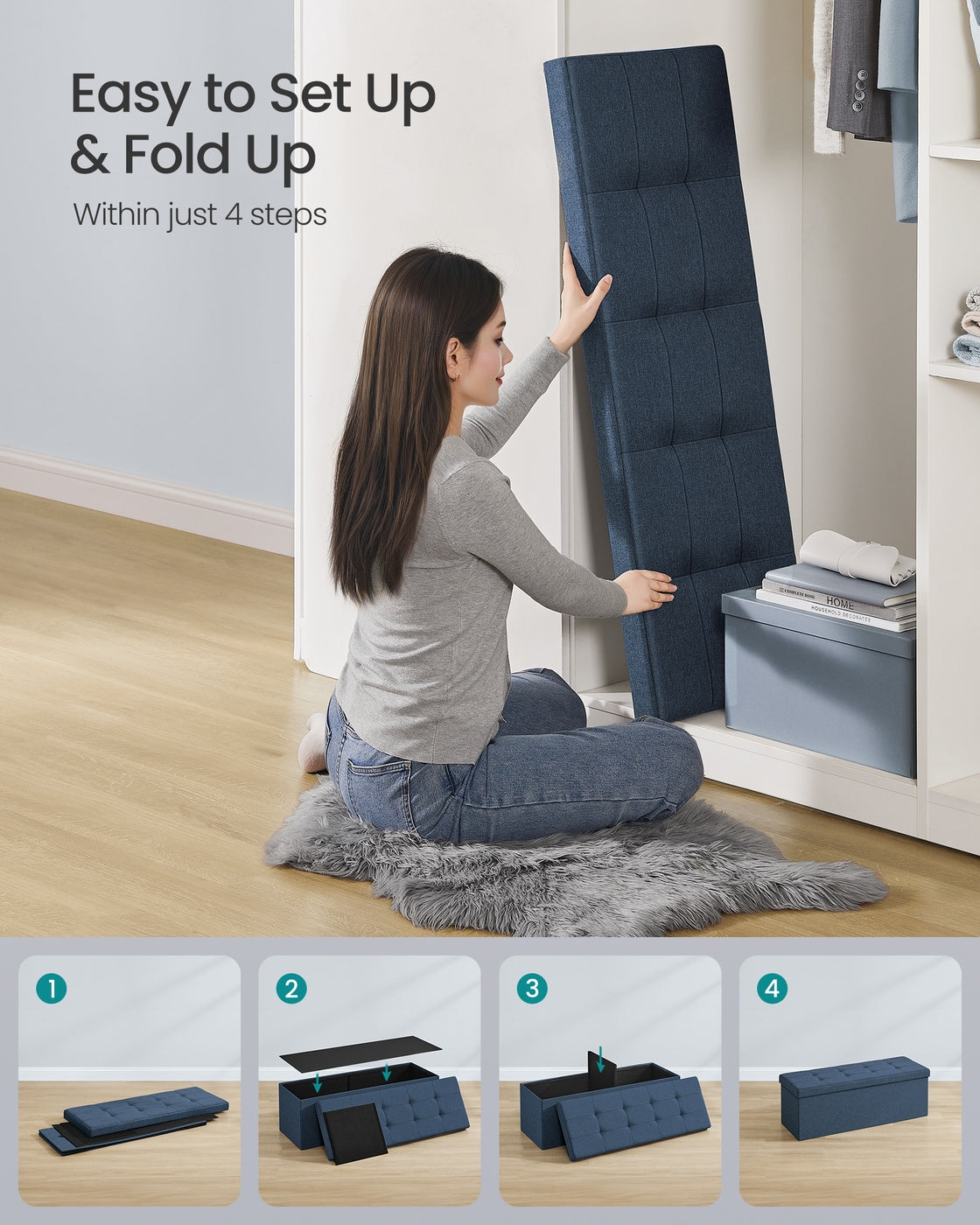 Storage Ottoman Bench, Padded Chest with Lid, Folding Seat, 120L Capacity, Hold up to 660lb, Navy Blue