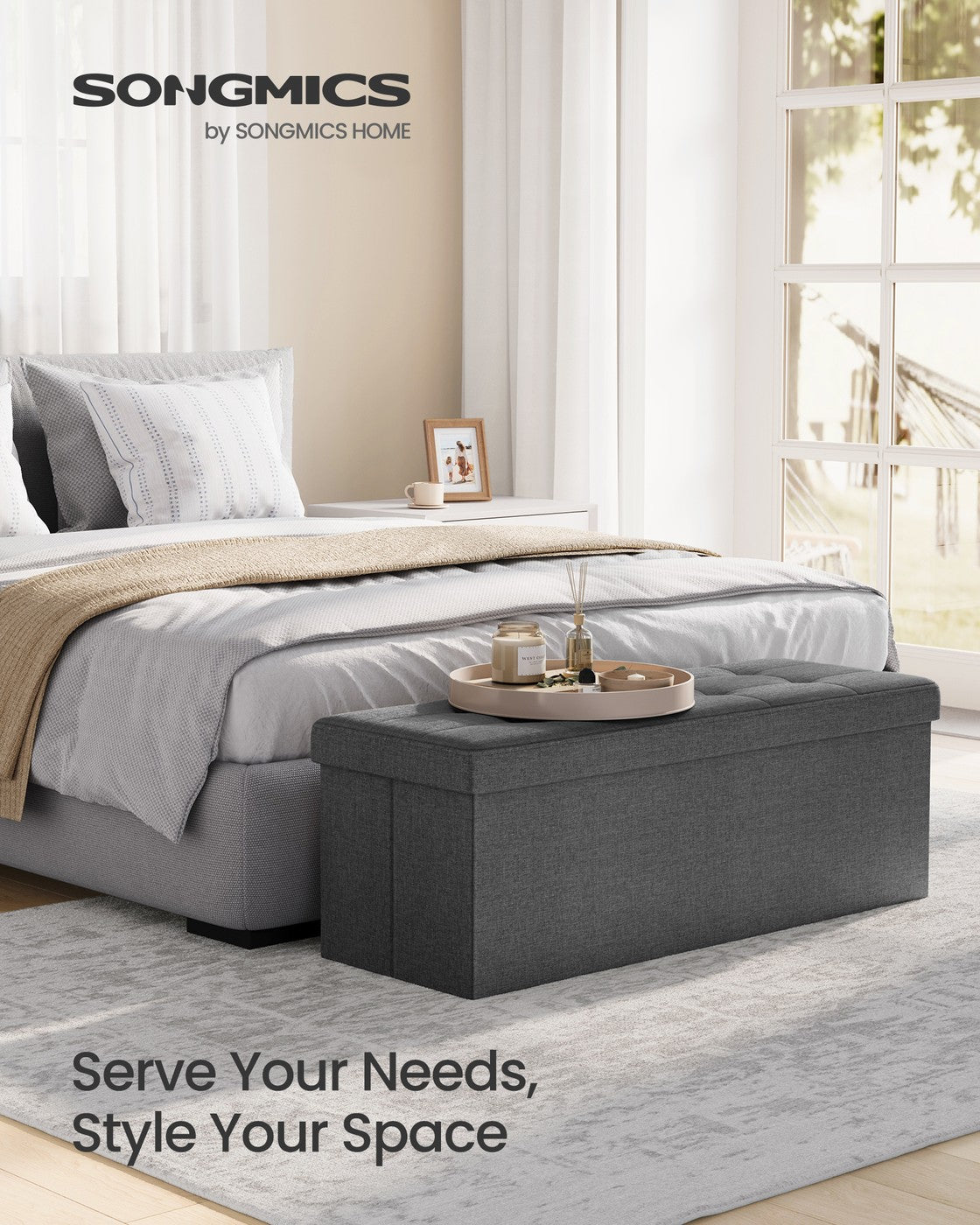 Folding Storage Ottoman Bench Storage Chest Foot Rest Stool with Metal Support, Holds up to 660lb, Dark Grey