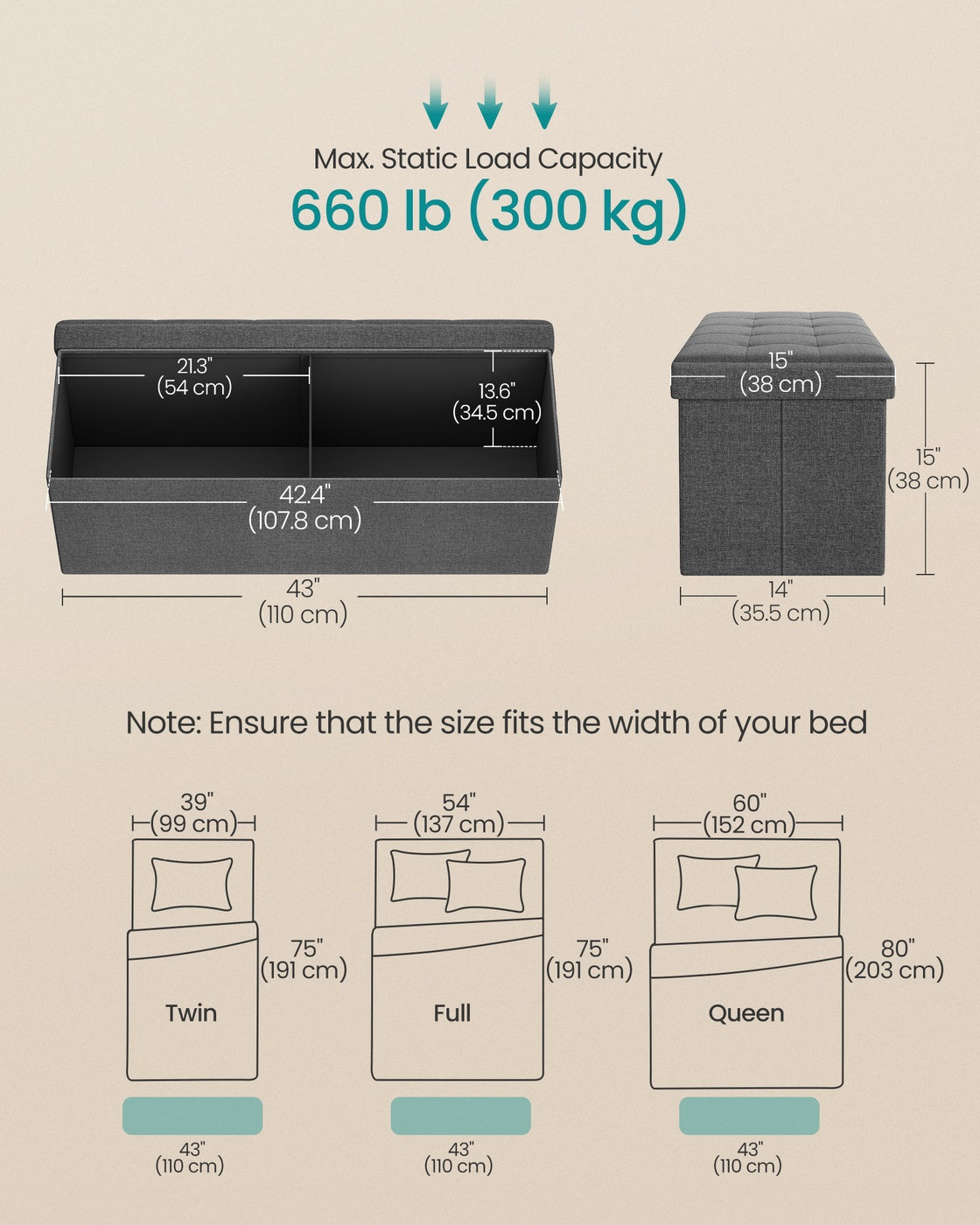 Folding Storage Ottoman Bench Storage Chest Foot Rest Stool with Metal Support, Holds up to 660lb, Dark Grey