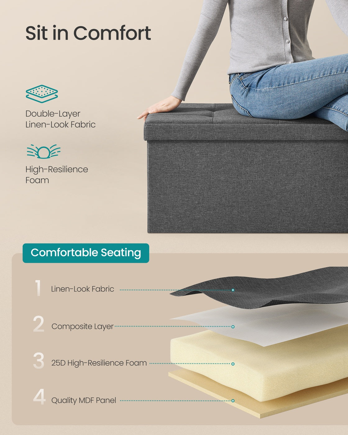 Folding Storage Ottoman Bench Storage Chest Foot Rest Stool with Metal Support, Holds up to 660lb, Dark Grey