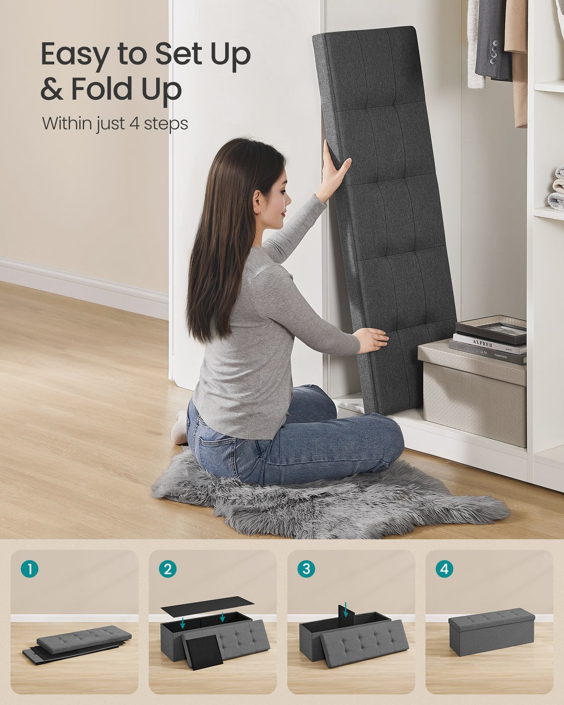 Folding Storage Ottoman Bench Storage Chest Foot Rest Stool with Metal Support, Holds up to 660lb, Dark Grey