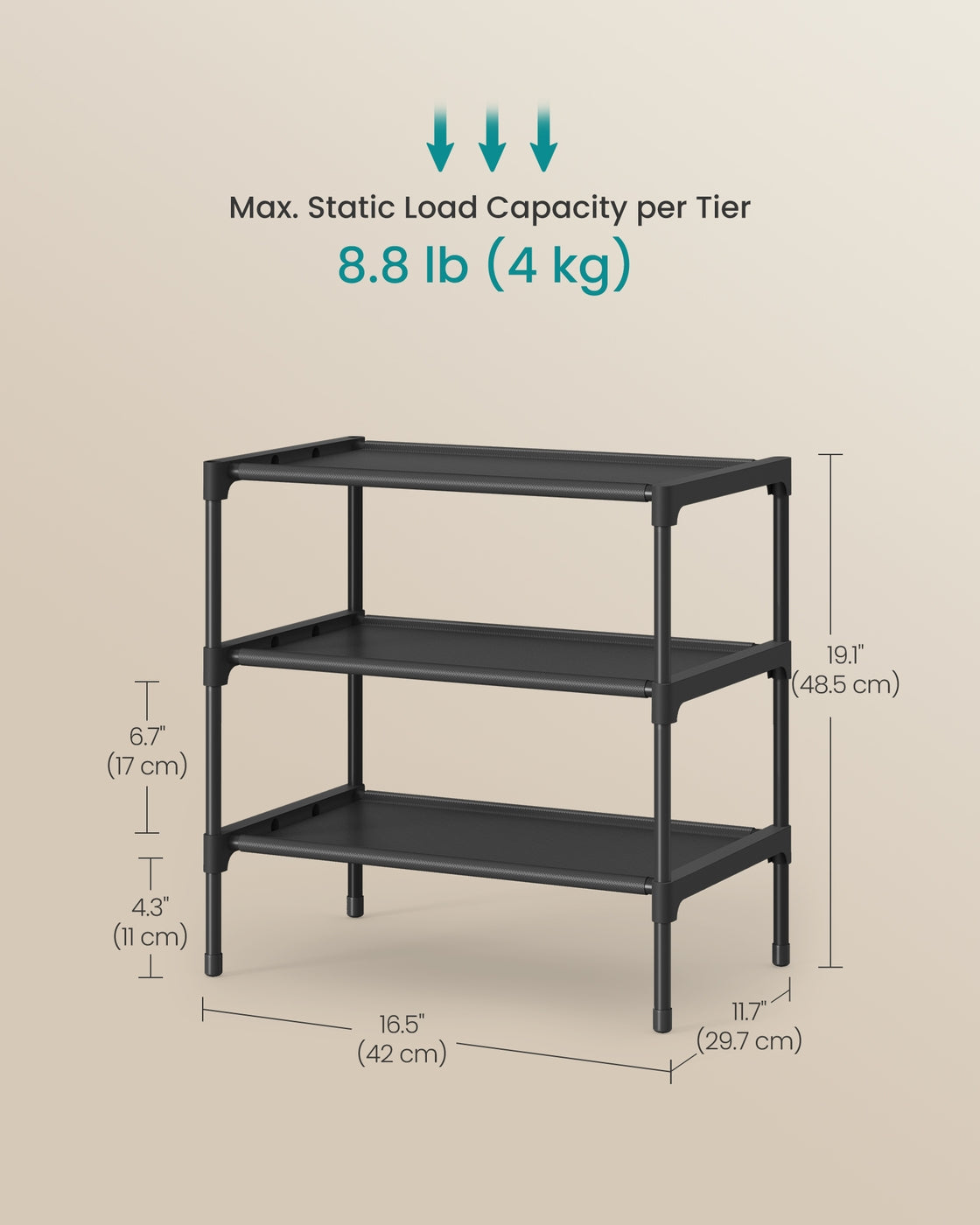 Shoe Rack, 3-Tier Shoe Storage Organizer, Space-Saving, 11.7 x 16.5 x 19.1 Inches - image 6
