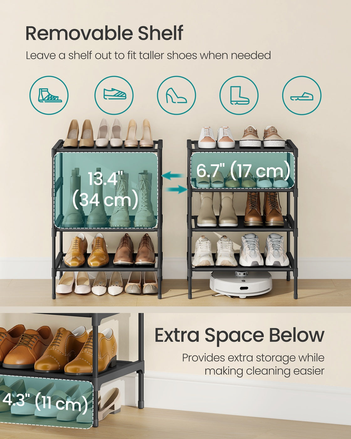 Shoe Rack, 3-Tier Shoe Storage Organizer, Space-Saving, 11.7 x 16.5 x 19.1 Inches - image 10