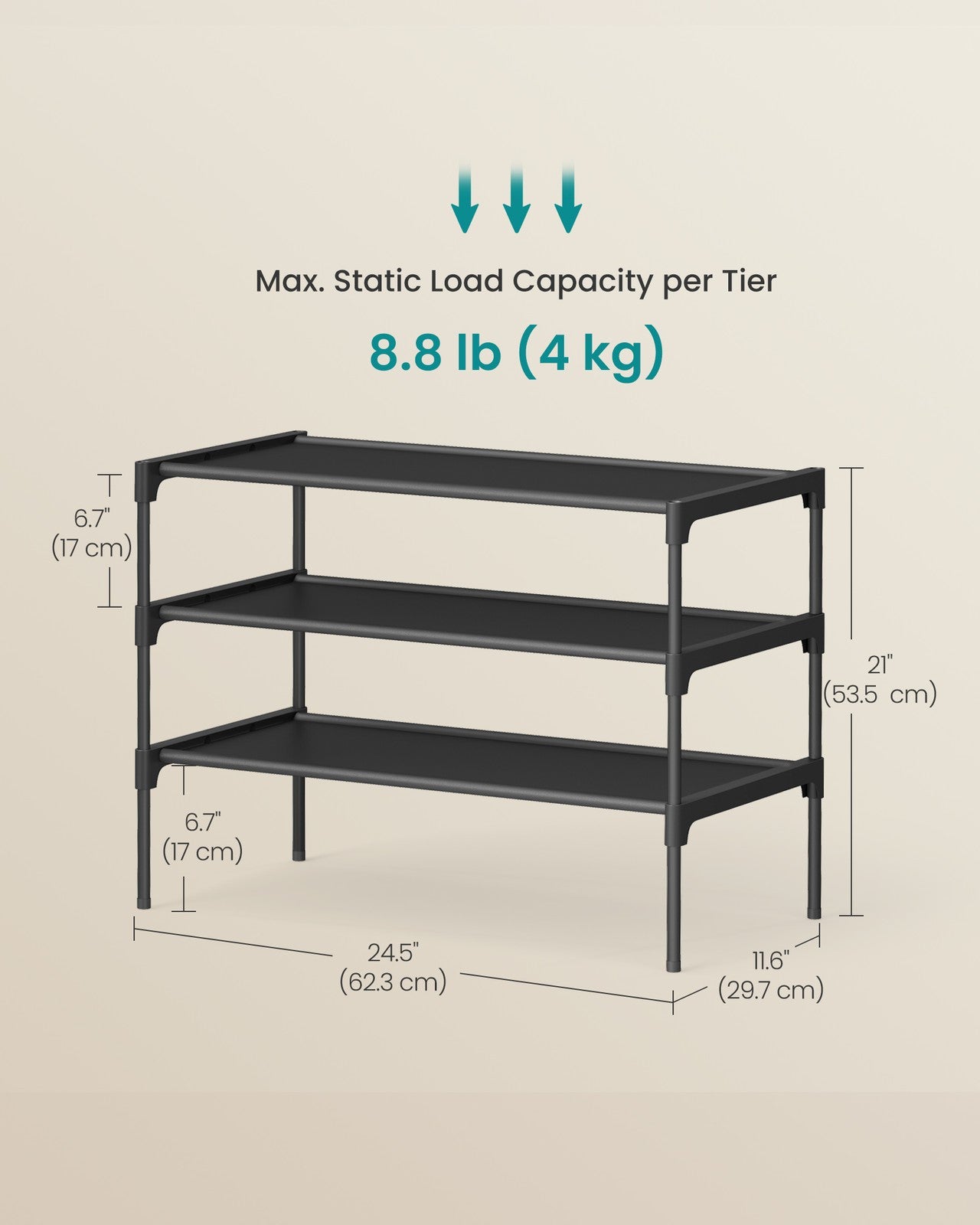 Shoe Rack, 3-Tier Shoe Storage Organizer, Space-Saving, 11.6 x 24.5 x 21 Inches, Entryway - image 5