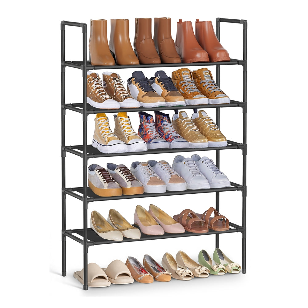 Slim metal shoe rack with fabric shelves for hallway closet - image 12