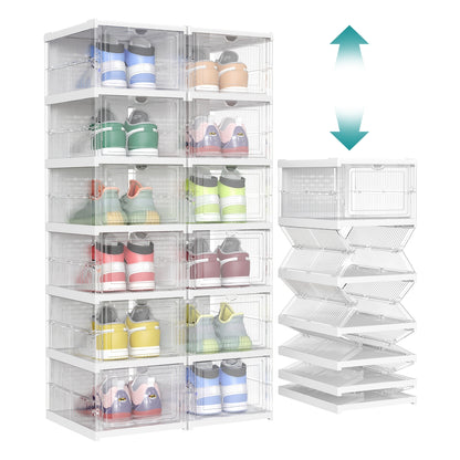 Pack of 18 Foldable Shoe Boxes, Fit up to US Size 13 - Transparent + Cloud White / 12 Pack