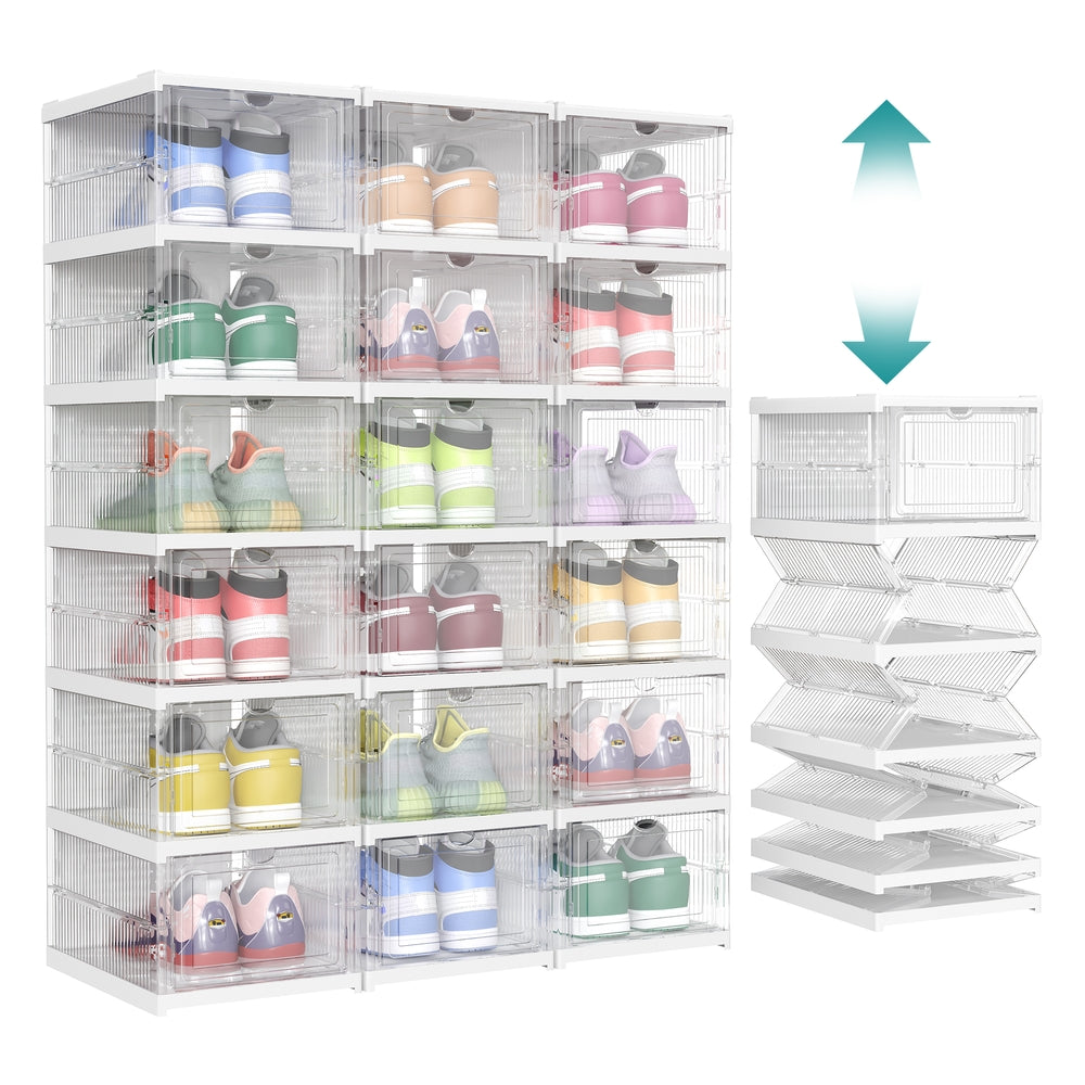Pack of 18 Foldable Shoe Boxes, Fit up to US Size 13 - Transparent + Cloud White / 18 Pack