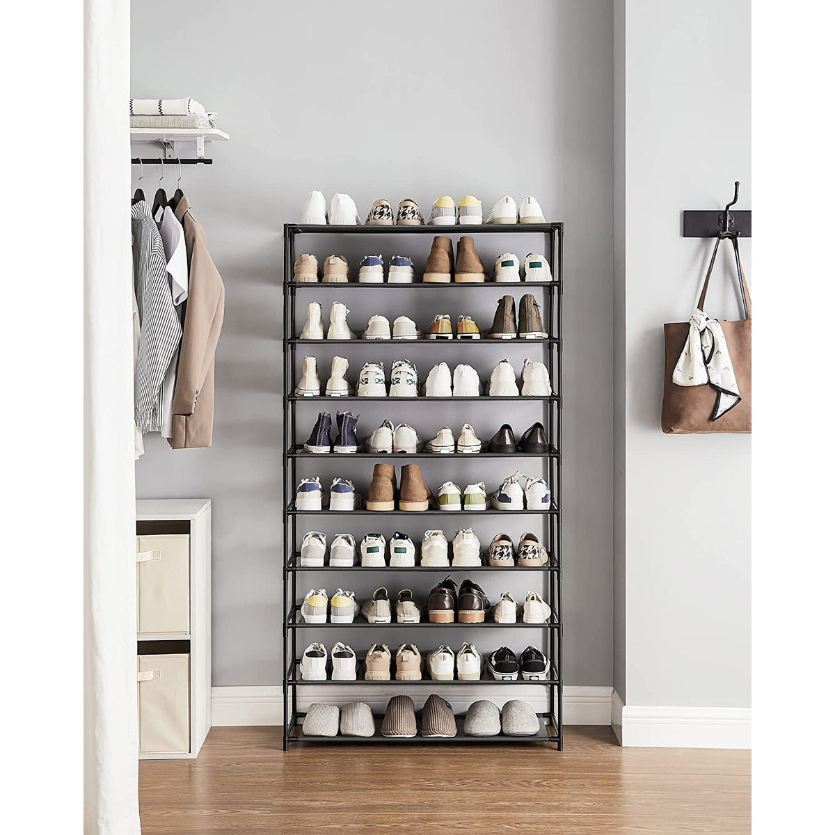 Shoe Rack, 10-Tier Shoe Shelf, Shoe Storage Organizer, Metal Frame, Non-Woven Fabric Shelves