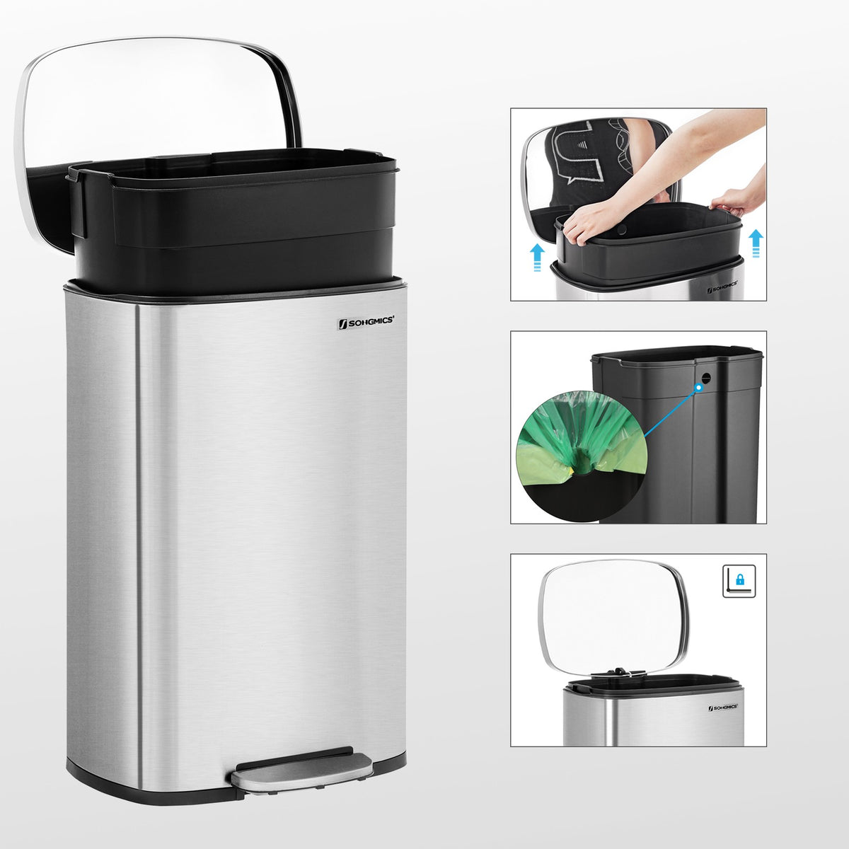Kitchen Trash Garbage Can, Pedal Stainless Steel Rubbish Bin 13.2 Gal (50L) with Plastic Inner Bucket