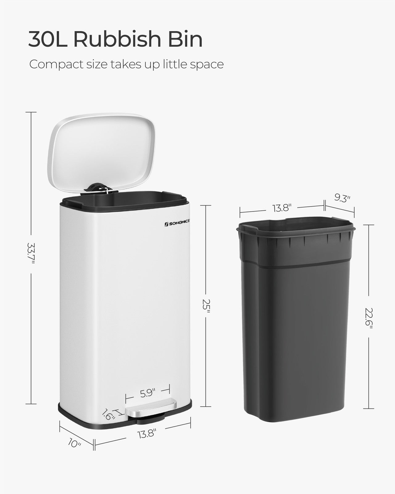 8 Gallon White Stainless Steel Step Trash Can with Hinged Lid