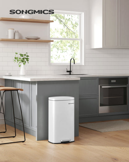 8 Gallon White Stainless Steel Step Trash Can with Hinged Lid