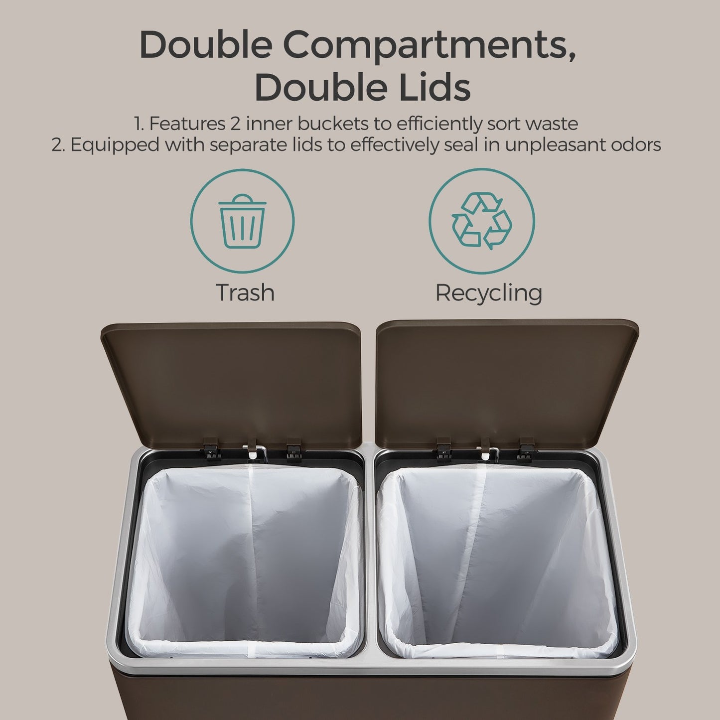 Trash Can with 2 Compartments, 2 x 8-Gallon Double Garbage Can, TrashBin with Lids - HWLEXTRA 