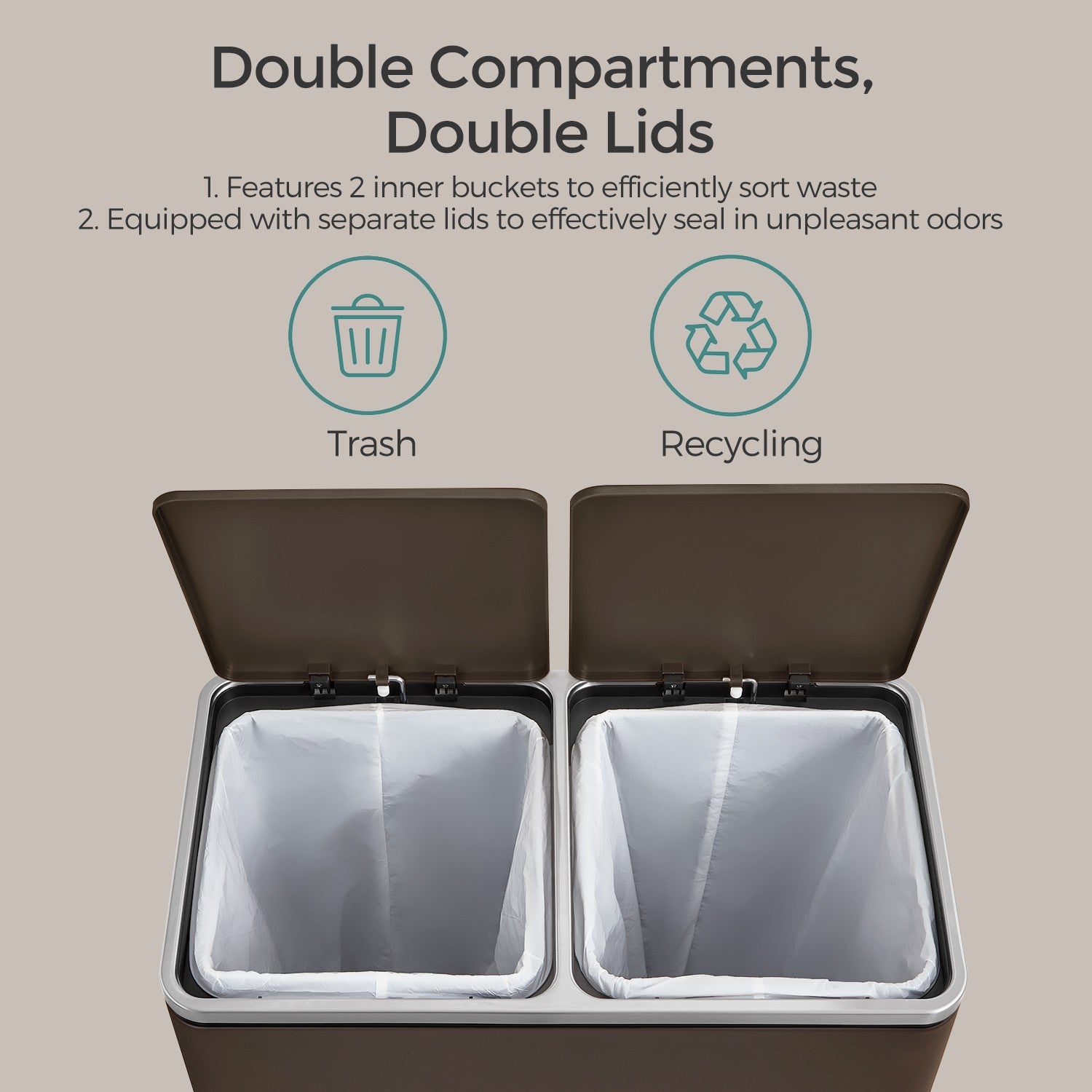 Trash Can with 2 Compartments, 2 x 8-Gallon Double Garbage Can, TrashBin with Lids - HWLEXTRA 