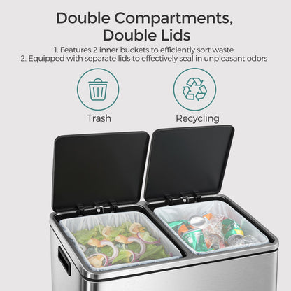 Trash Can with 2 Compartments, 2 x 8-Gallon Double Garbage Can, TrashBin with Lids - HWLEXTRA 