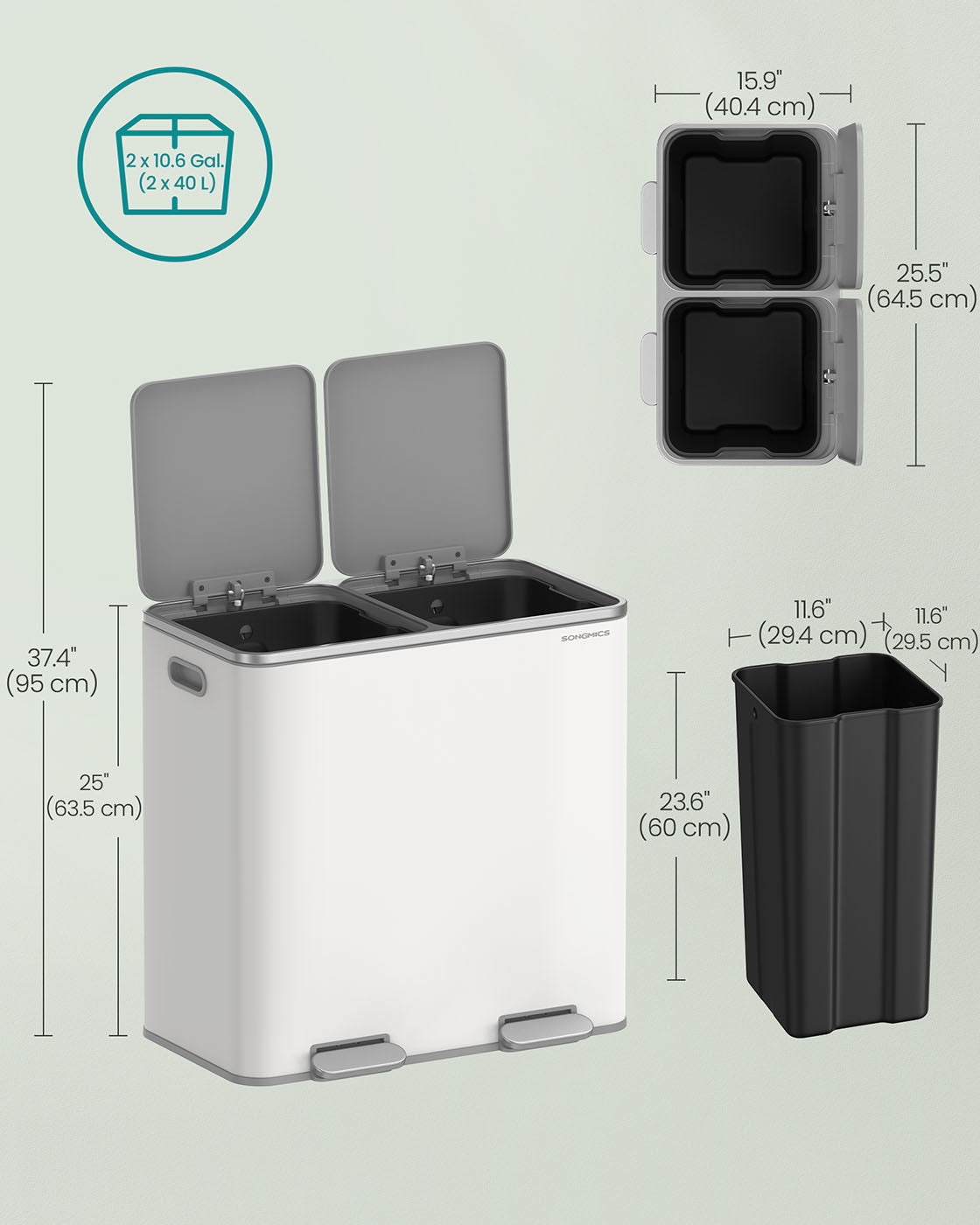2 x 10.6 Gallon (2 x 40 L) Trash Can for Kitchen