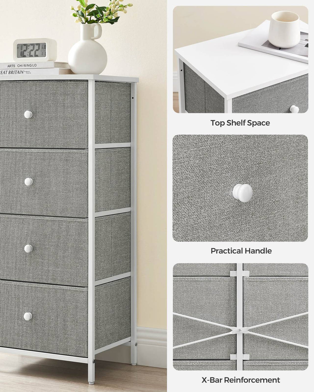 Fabric Dresser for Bedroom, with 4 Drawers, Metal Frame