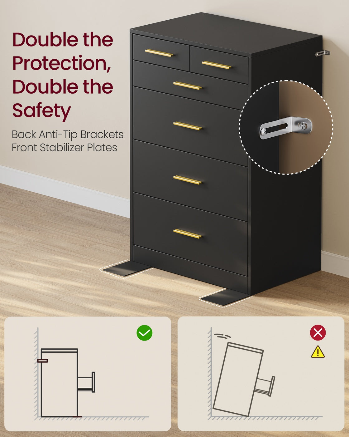 Dresser, 6-Drawer Chest, 15.8 x 23.7 x 34.8 Inches, Ink Black - image 5