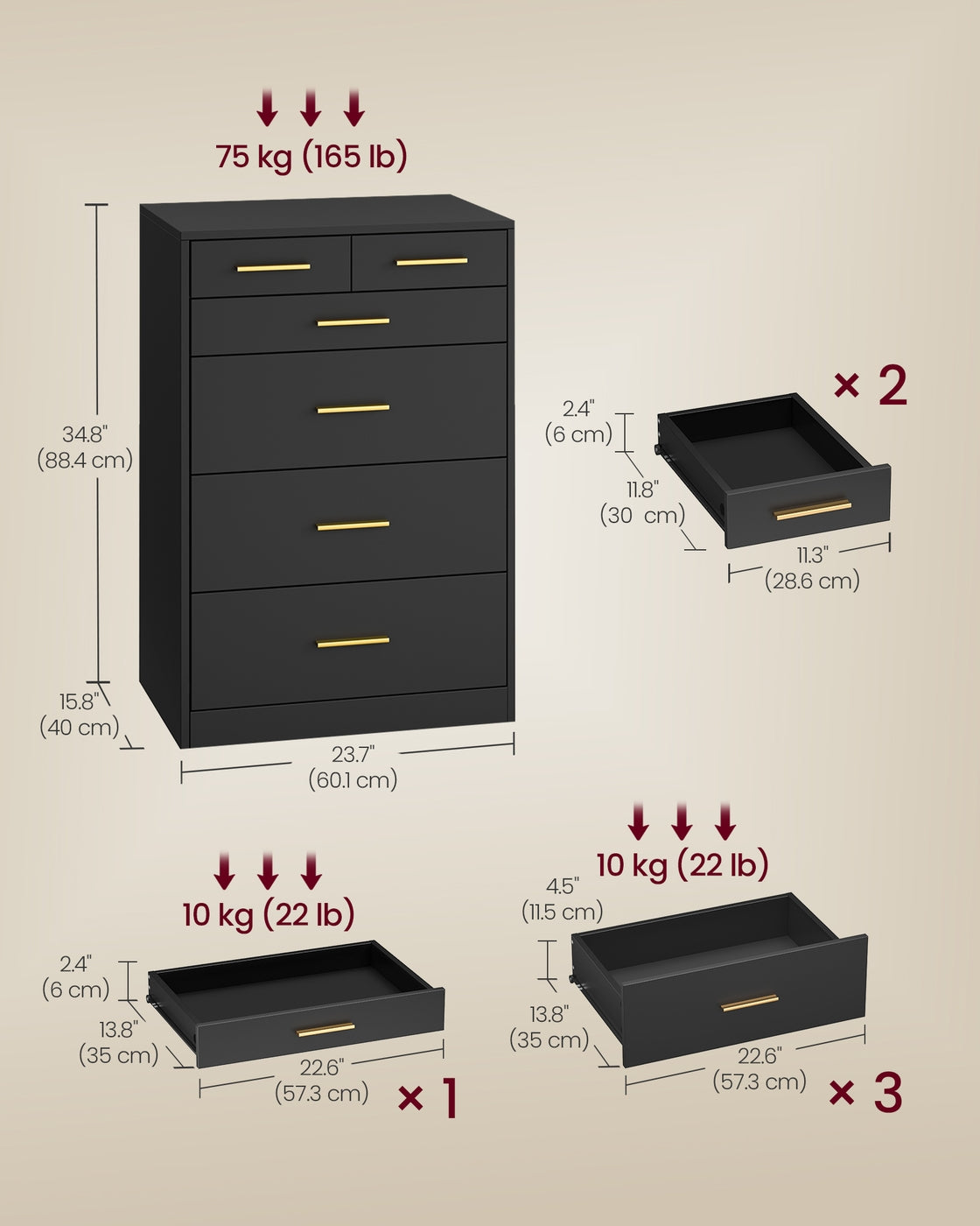 Dresser, 6-Drawer Chest, 15.8 x 23.7 x 34.8 Inches, Ink Black - image 6