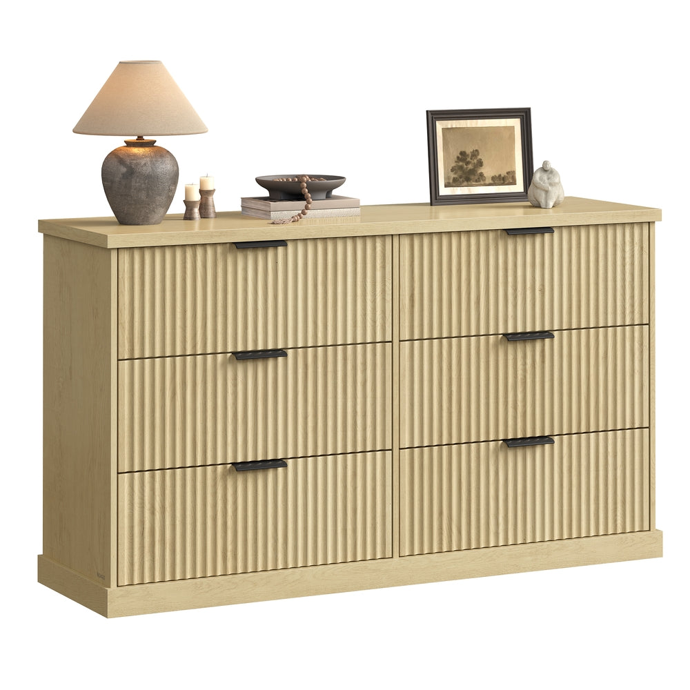 6-Drawer Dresser, Wavy Front, 54" Wide, Particleboard/MDF, Camel Yellow, Bedroom Storage