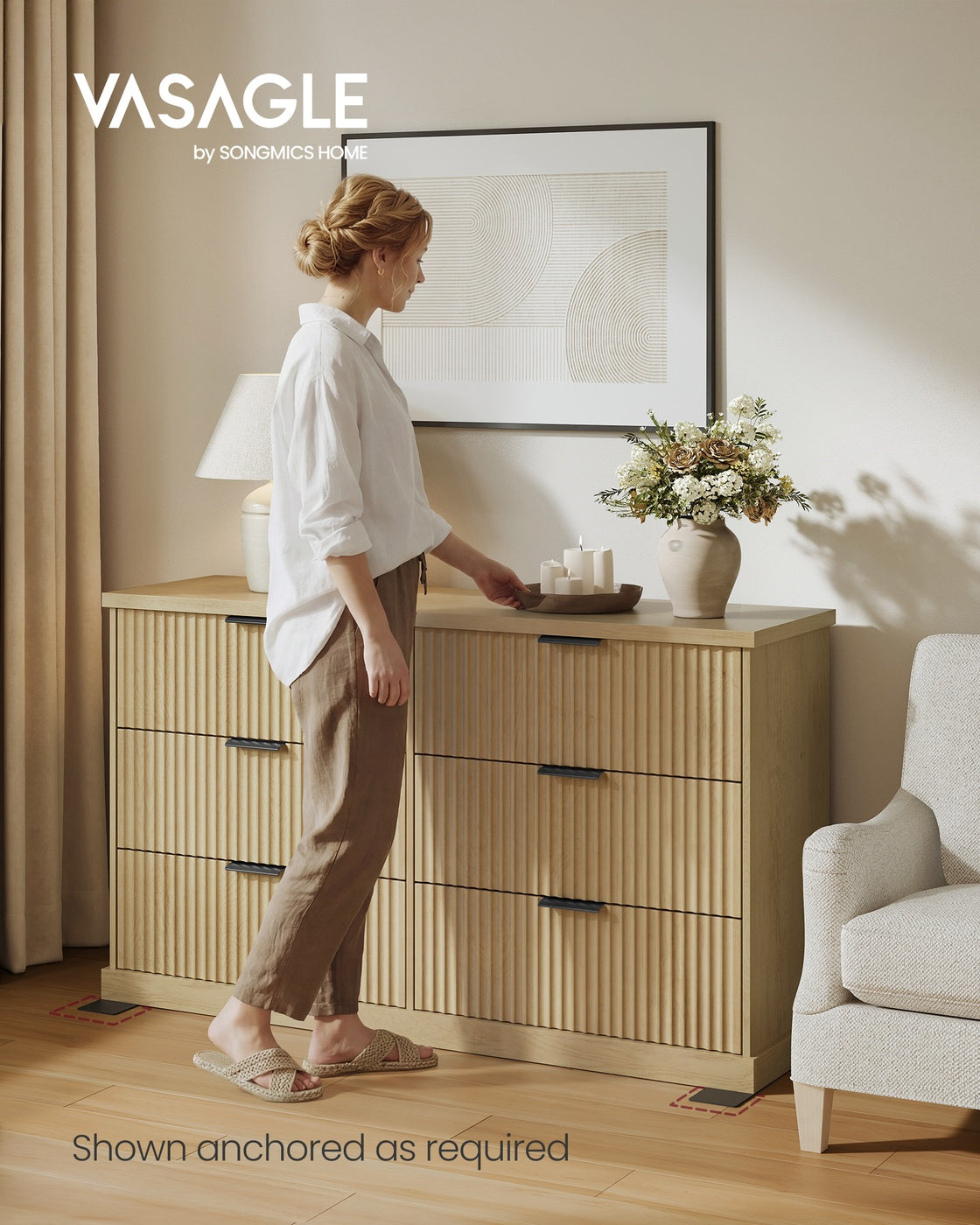 6-Drawer Dresser, Wavy Front, 54" Wide, Particleboard/MDF, Camel Yellow, Bedroom Storage