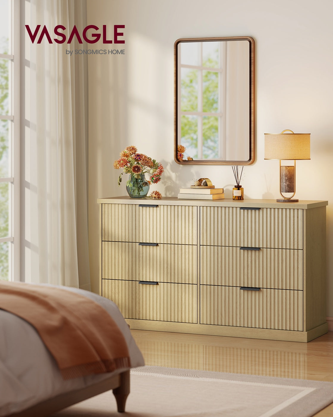 6-Drawer Dresser, Wavy Front, 54" Wide, Particleboard/MDF, Camel Yellow, Bedroom Storage