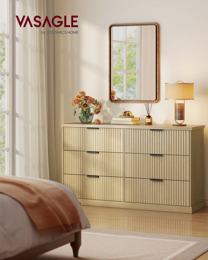 6-Drawer Dresser, Wavy Front, 54" Wide, Particleboard/MDF, Camel Yellow, Bedroom Storage