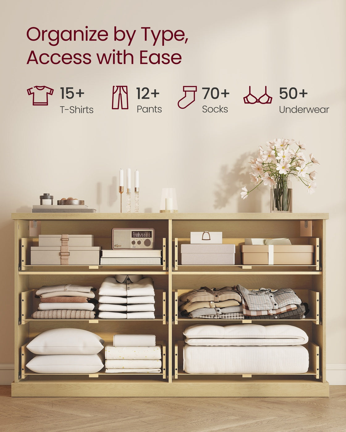 6-Drawer Dresser, Wavy Front, 54" Wide, Particleboard/MDF, Camel Yellow, Bedroom Storage