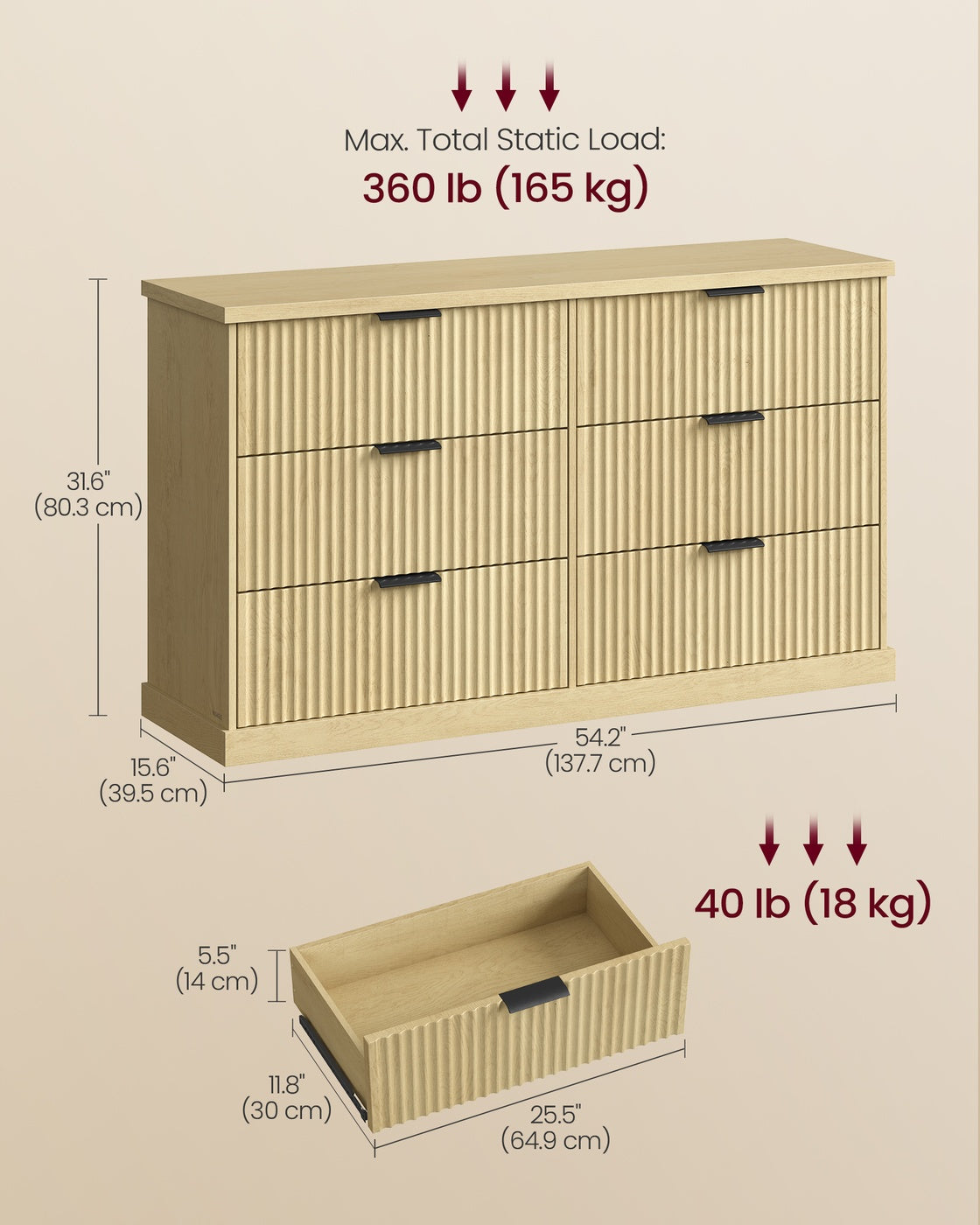 6-Drawer Dresser, Wavy Front, 54" Wide, Particleboard/MDF, Camel Yellow, Bedroom Storage