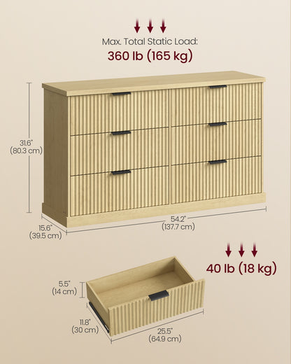 6-Drawer Dresser, Wavy Front, 54" Wide, Particleboard/MDF, Camel Yellow, Bedroom Storage